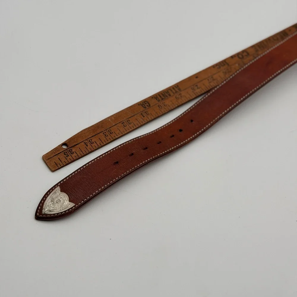 Vintage Hugo Boss Brown Leather Western Ranger Belt Silver Engraved Hardware 85